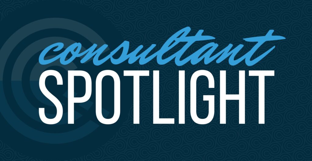Turnberry Consultant Spotlight graphic featuring a ringed circle graphic and patterned infinity symbol background with the word consultant in blue script and spotlight in medium weight white block text